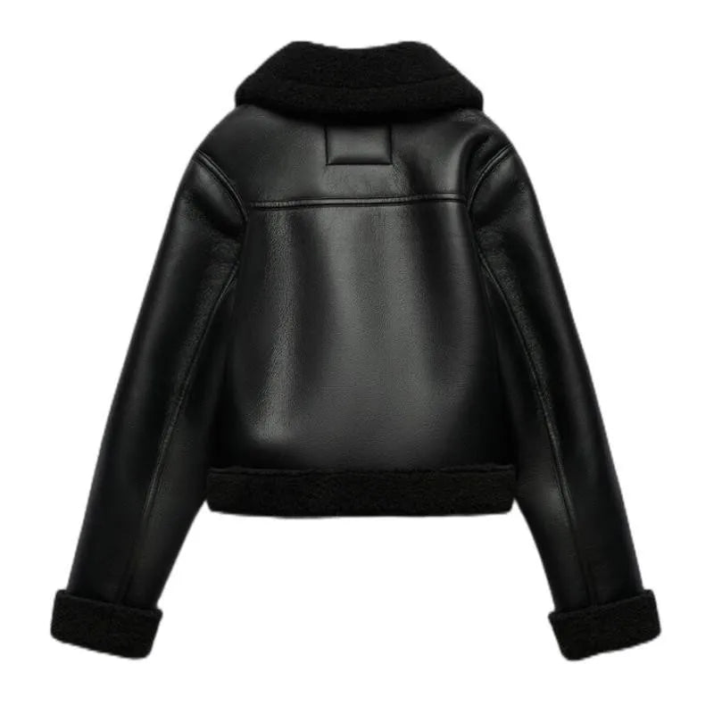 Black Pleather Streetwear Casual Jacket With Zipper