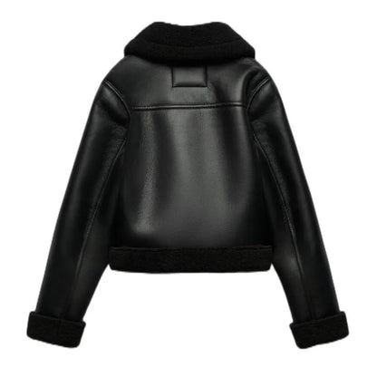 Black Pleather Streetwear Casual Jacket With Zipper