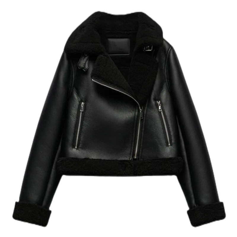 Black Pleather Streetwear Casual Jacket With Zipper