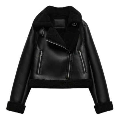 Black Pleather Streetwear Casual Jacket With Zipper