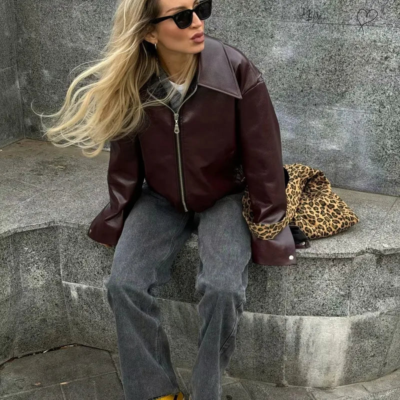Casual Pleather Jacket With Zipper
