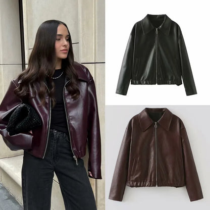 Casual Pleather Jacket With Zipper