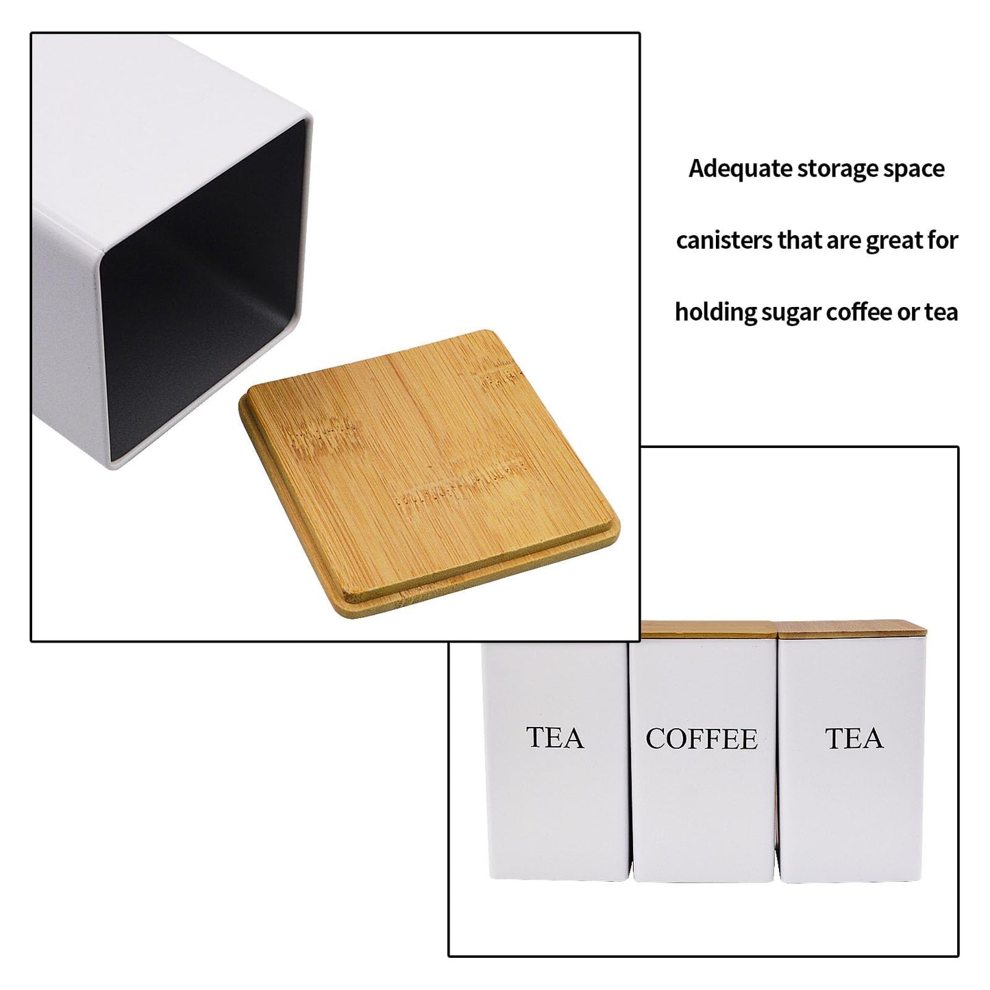 Tea Coffee Sugar Canisters Set With Bamboo Lids