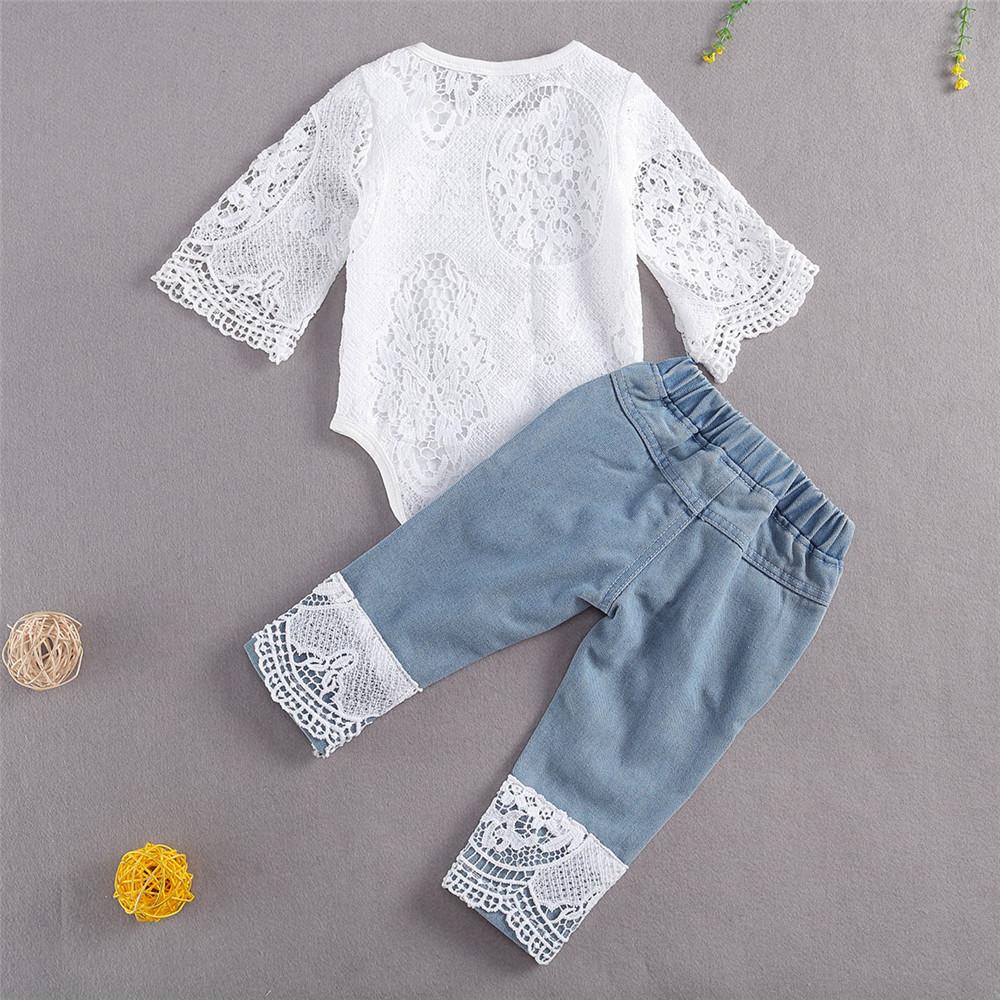 👶💖 2pc Outfit Lace Romper & Ripped Patchwork Jeans 💖👶