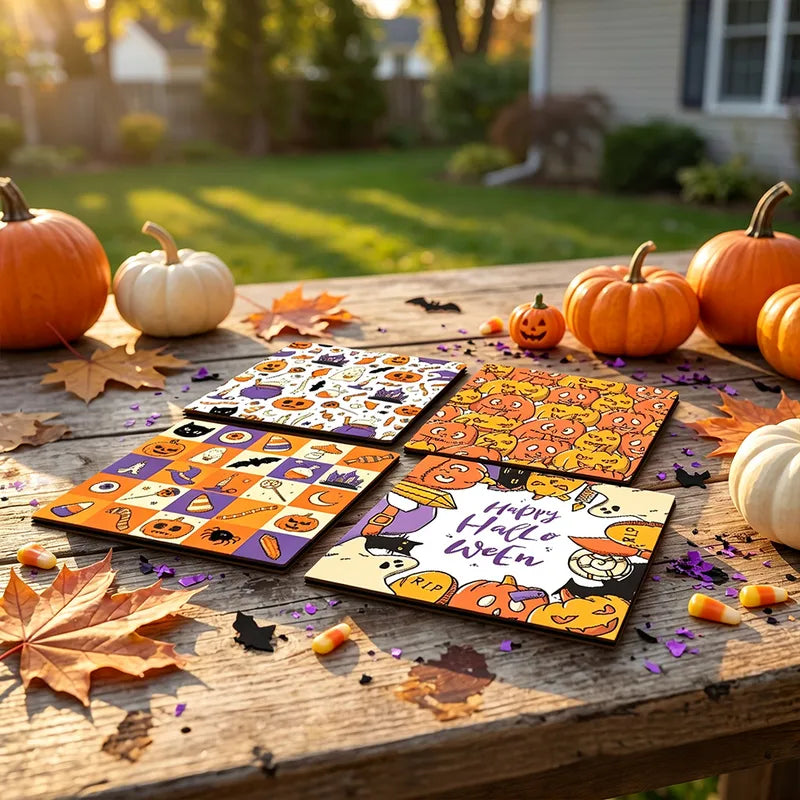 🎃 4pc Halloween Wooden Coaster Set 🎃