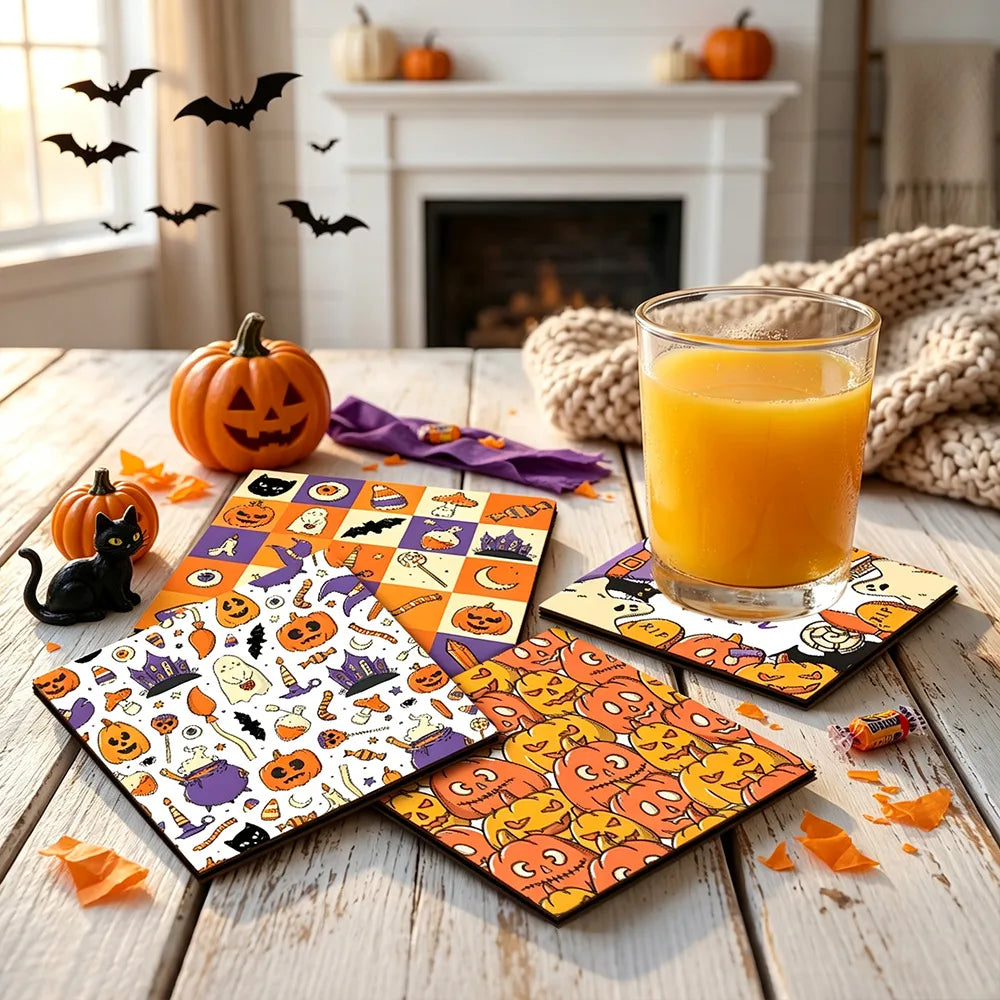 🎃 4pc Halloween Wooden Coaster Set 🎃