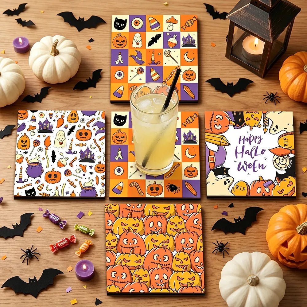 🎃 4pc Halloween Wooden Coaster Set 🎃
