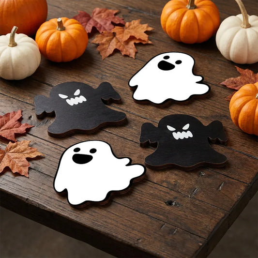 👻 4pc Black & White Ghostie Wooden Coasters 👻