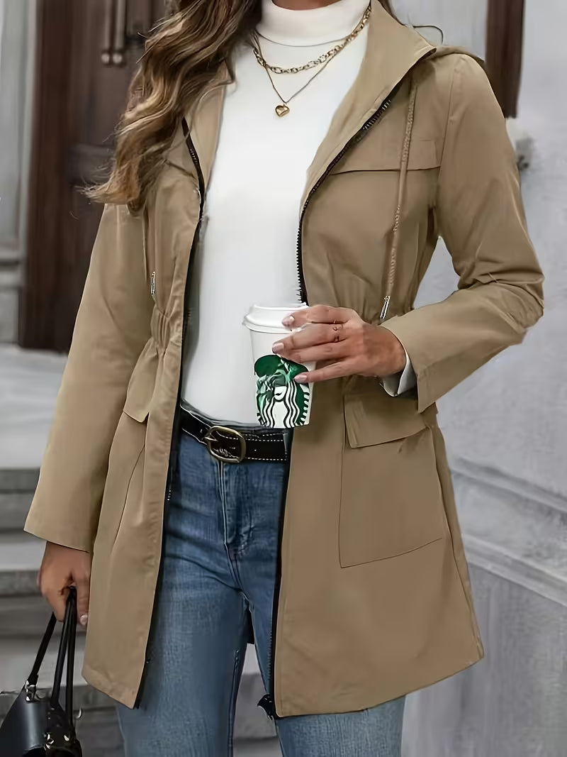 Elegant Hooded Drawstring Waist-Defining Trench Coat