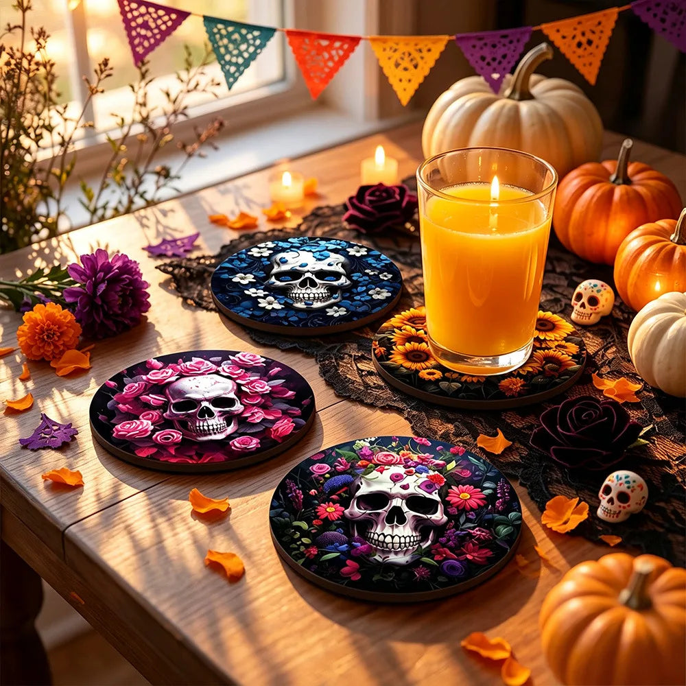 💀 4pc Colourful Flower Skull Wooden Coaster Set 💀