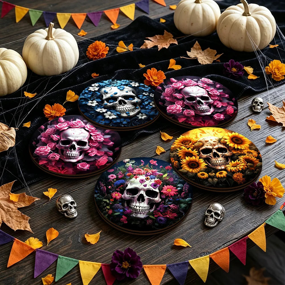 💀 4pc Colourful Flower Skull Wooden Coaster Set 💀