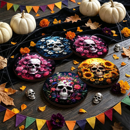 💀 4pc Colourful Flower Skull Wooden Coaster Set 💀