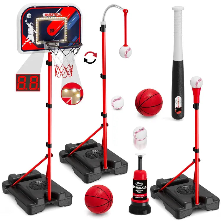 4 in 1 Kids Basketball Hoop and Baseball Set with Scoreboard & LED Lights