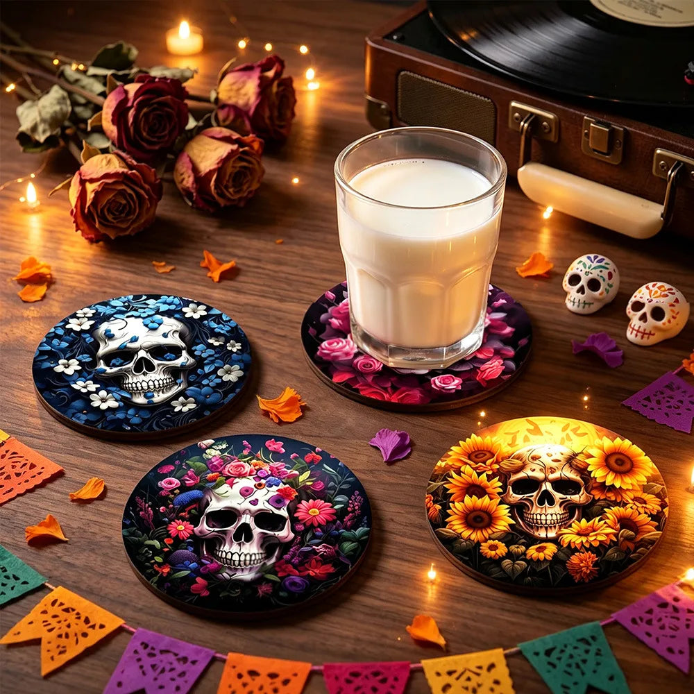 💀 4pc Colourful Flower Skull Wooden Coaster Set 💀