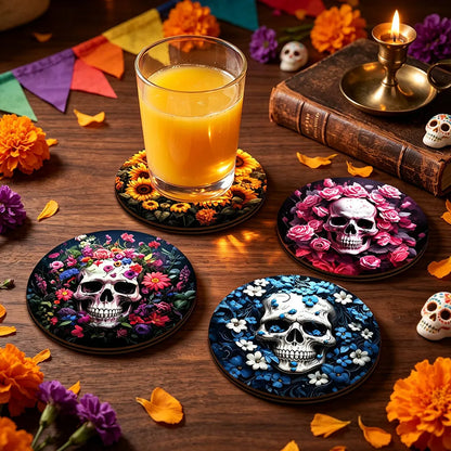 💀 4pc Colourful Flower Skull Wooden Coaster Set 💀