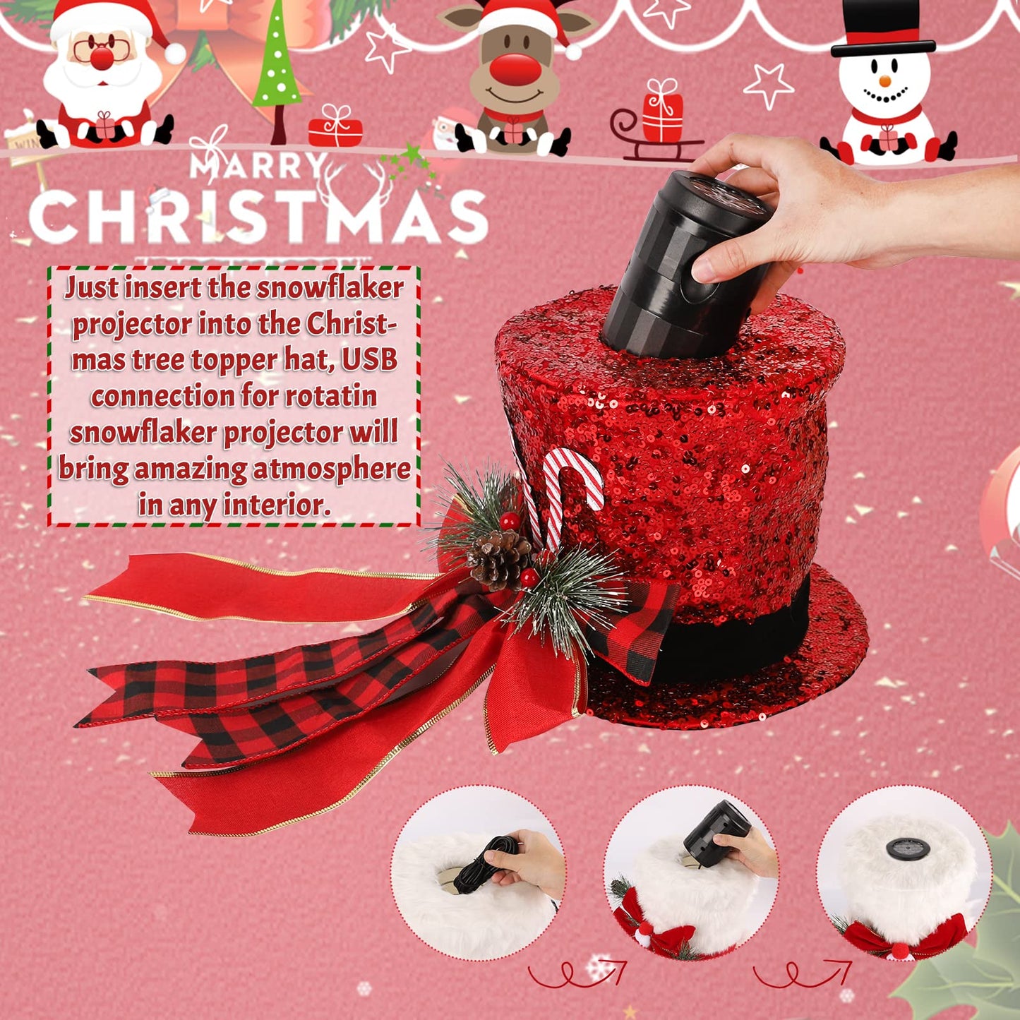 LED Red Christmas Tree Topper Snowflake Projector Top Hat