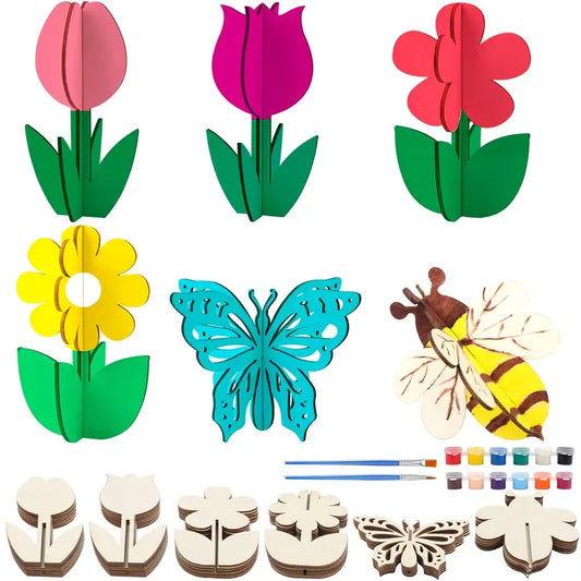 🎨🌸 24pc 3D Wooden Flowers & Bee Craft Kit with Acrylic Paints 🐝🦋