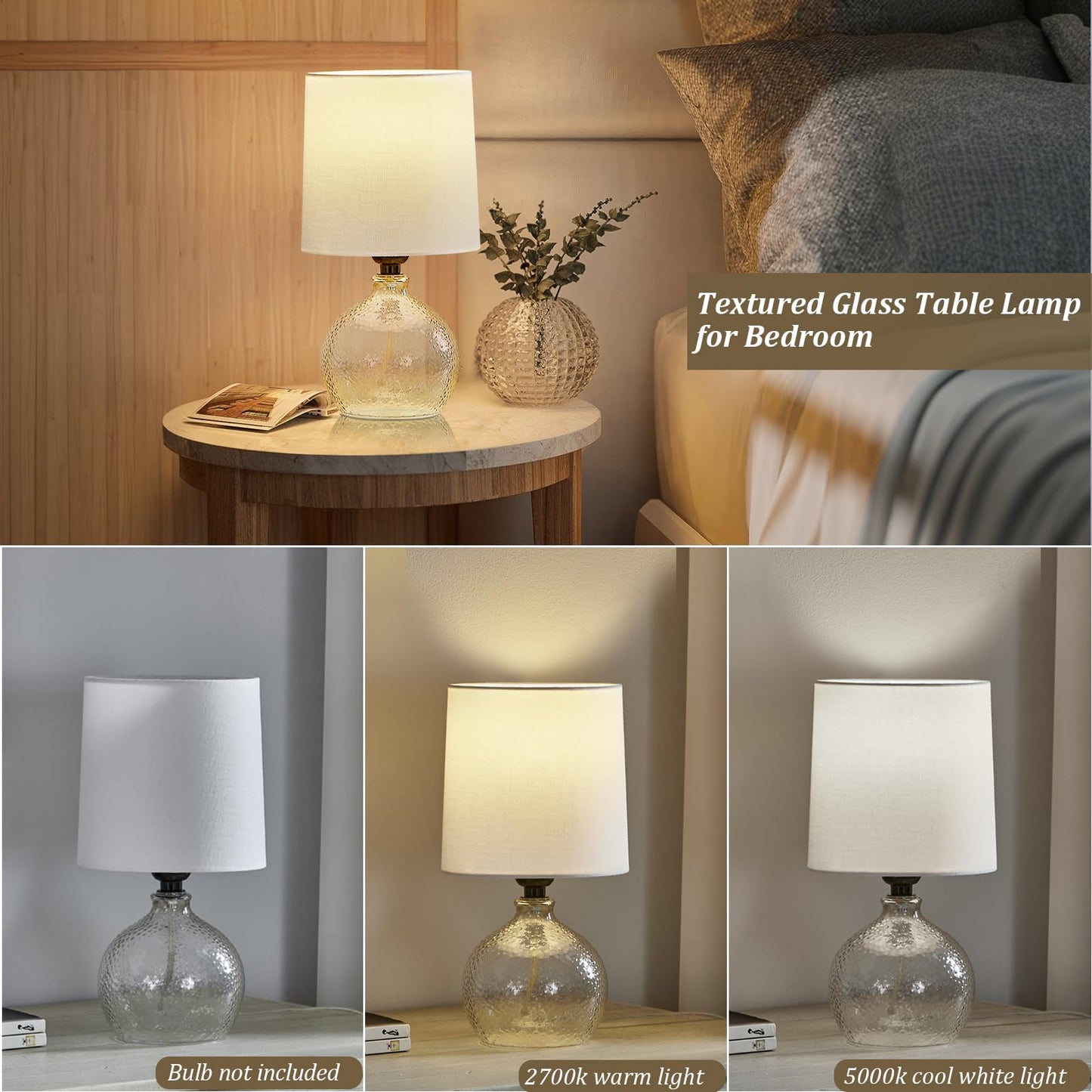 Set of 2 Glass Table Lamps with White Fabric Shades