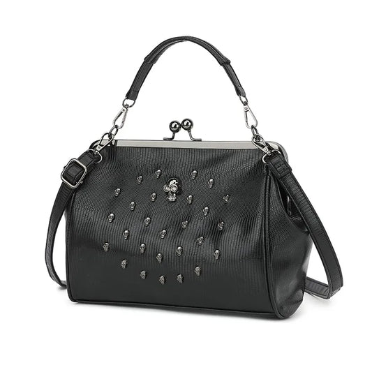 Women's Vintage Hollow PU Leather Handbag Skull Rivet Kiss Lock Crossbody Bag