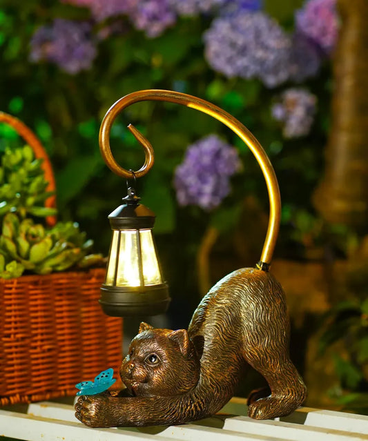 Cat Figurine Solar Garden Ornament Tail Hanging Lantern