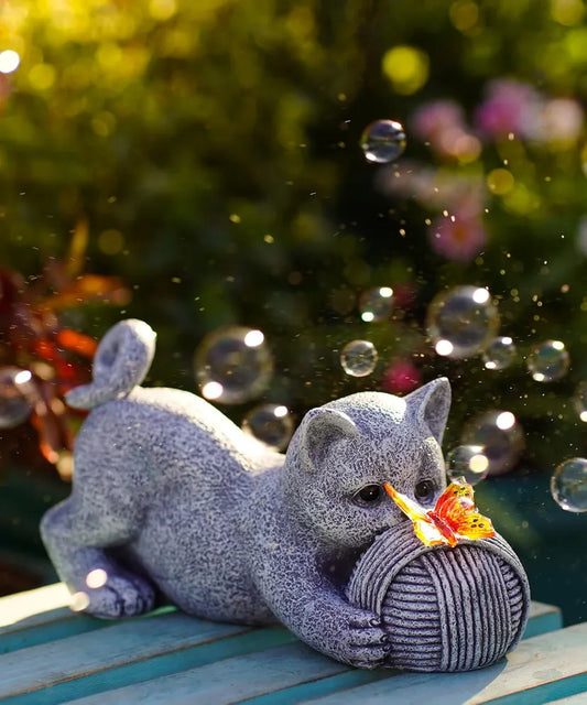 Solar Cat Statue with Yarn Ball and Butterfly Light Waterproof Garden Ornament