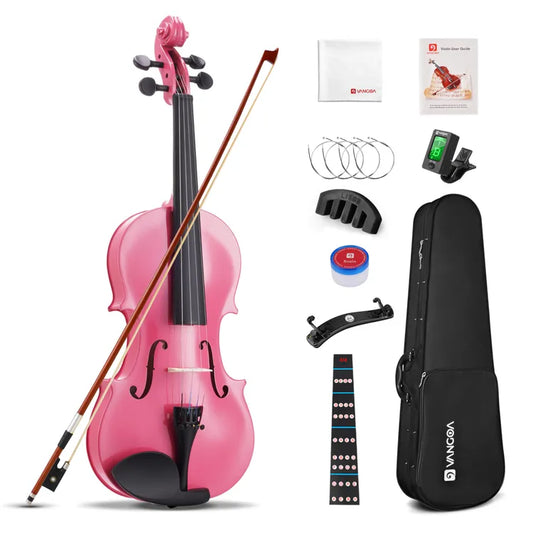 Full Size Pink Acoustic Violin Beginner Set with Case, Bow, Tuner & Accessories