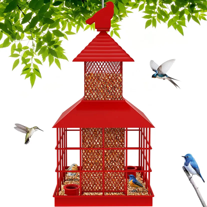 Caged Bird Feeder Squirrel-Proof Metal Tube Seed Feeder with 360° Tray for Wild Birds
