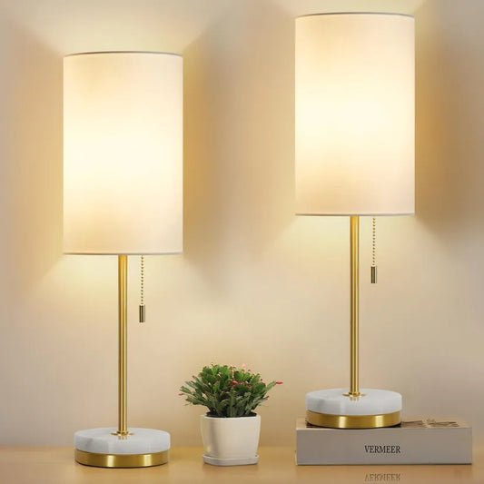 Bedside Lamps Set of 2 Minimalist Table Lamps with Pull Chain and Marble Base