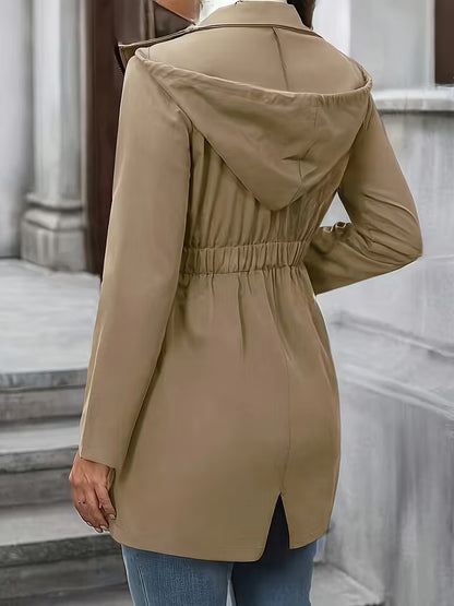 Elegant Hooded Drawstring Waist-Defining Trench Coat