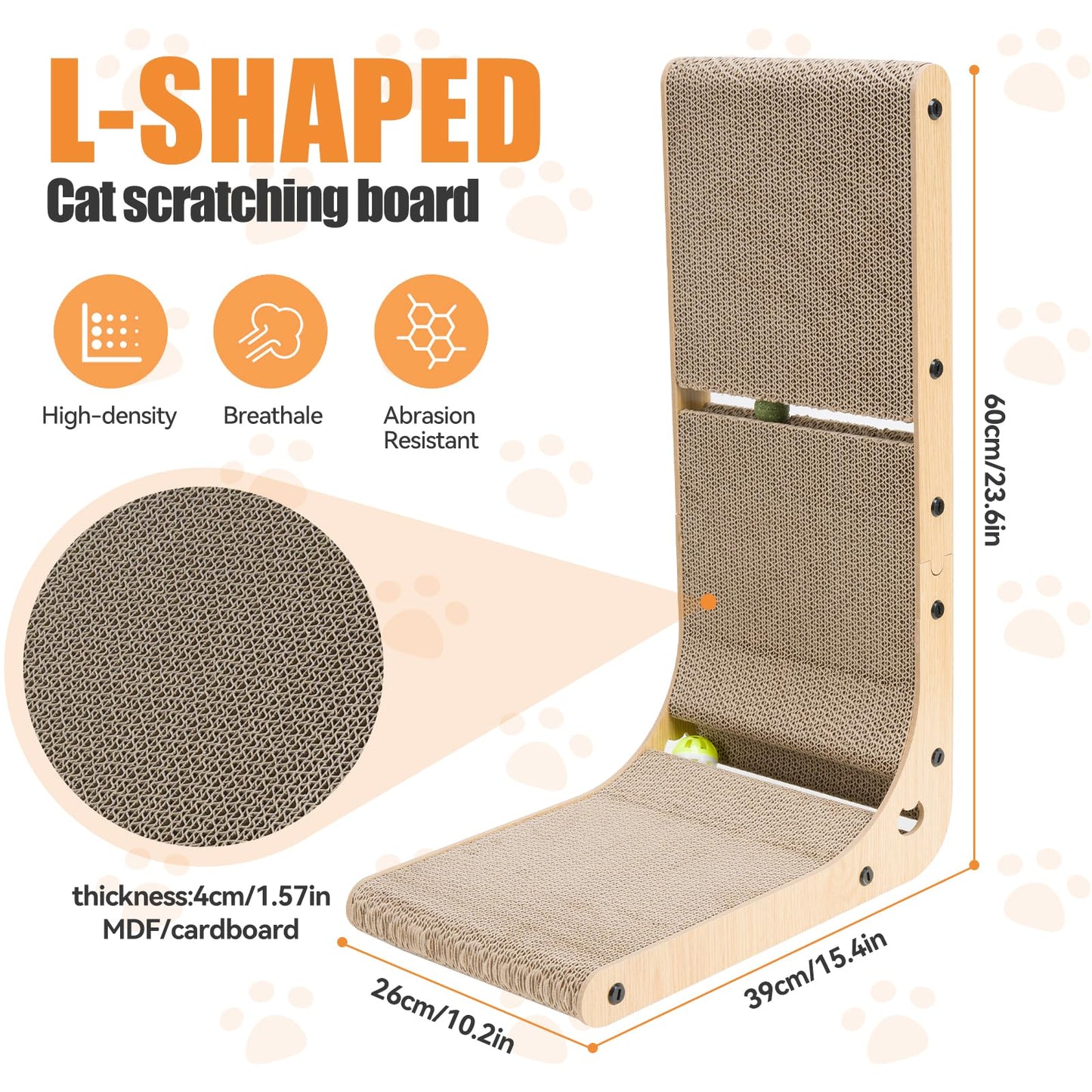 60cm Tall L Shape Cat Scratcher Pad with Catnip & Toy Ball
