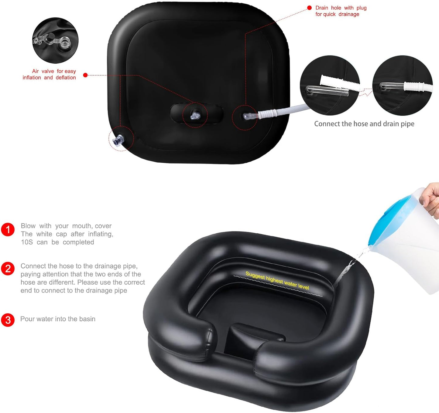 Inflatable Hair Washing Basin Portable Shampoo Bowl - Black