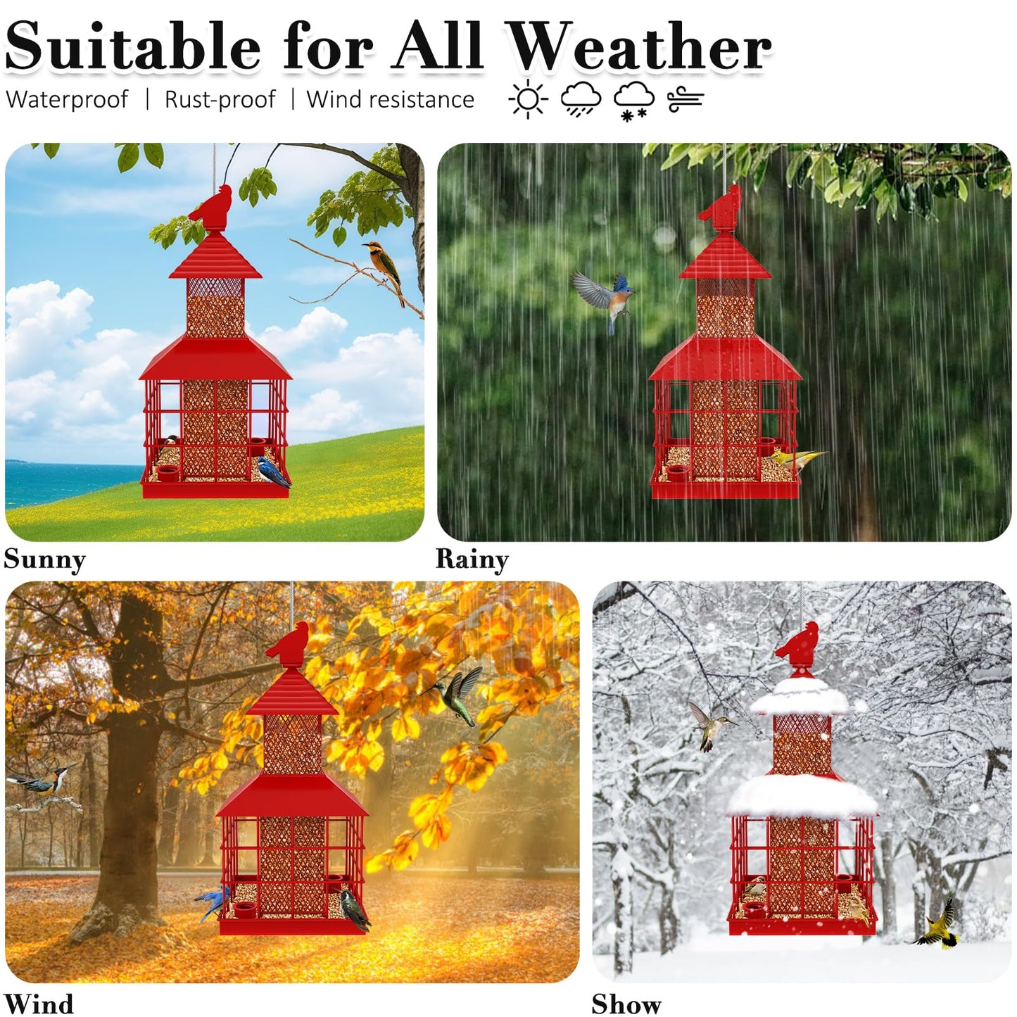 Caged Bird Feeder Squirrel-Proof Metal Tube Seed Feeder with 360° Tray for Wild Birds