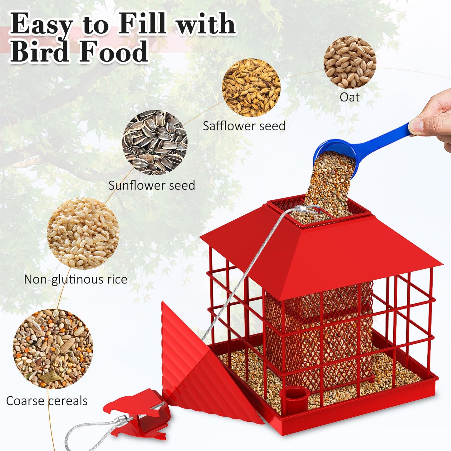 Caged Bird Feeder Squirrel-Proof Metal Tube Seed Feeder with 360° Tray for Wild Birds