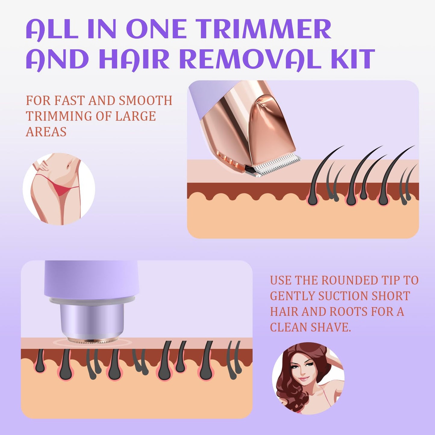 2-in-1 Electric Lady Shaver Painless Bikini Trimmer & Facial Hair Remover Wet & Dry
