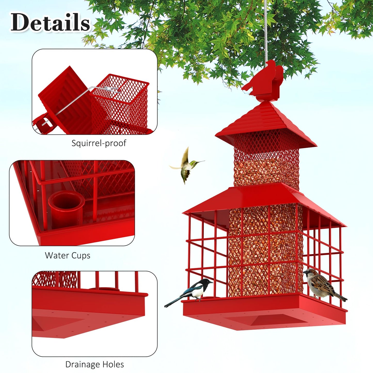 Caged Bird Feeder Squirrel-Proof Metal Tube Seed Feeder with 360° Tray for Wild Birds