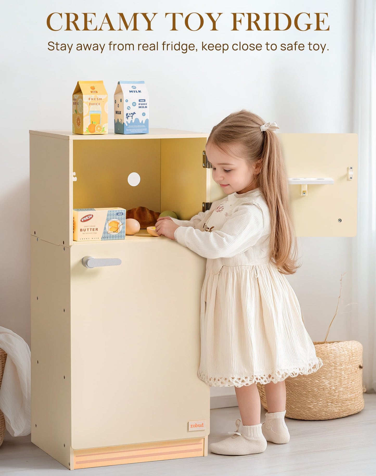 Wooden Toy Fridge Kids Play Kitchen Refrigerator Pretend Play Set with Accessories