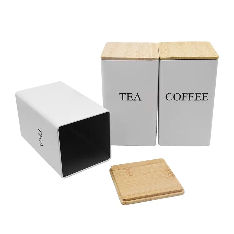 Tea Coffee Sugar Canisters Set With Bamboo Lids