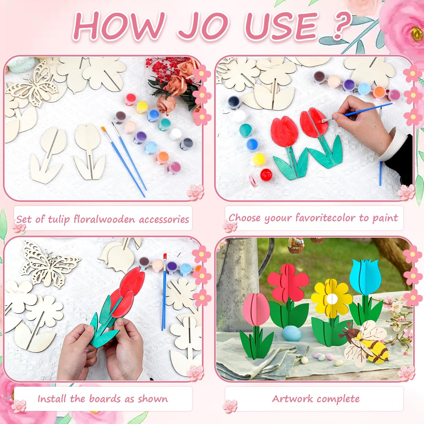 🎨🌸 24pc 3D Wooden Flowers & Bee Craft Kit with Acrylic Paints 🐝🦋