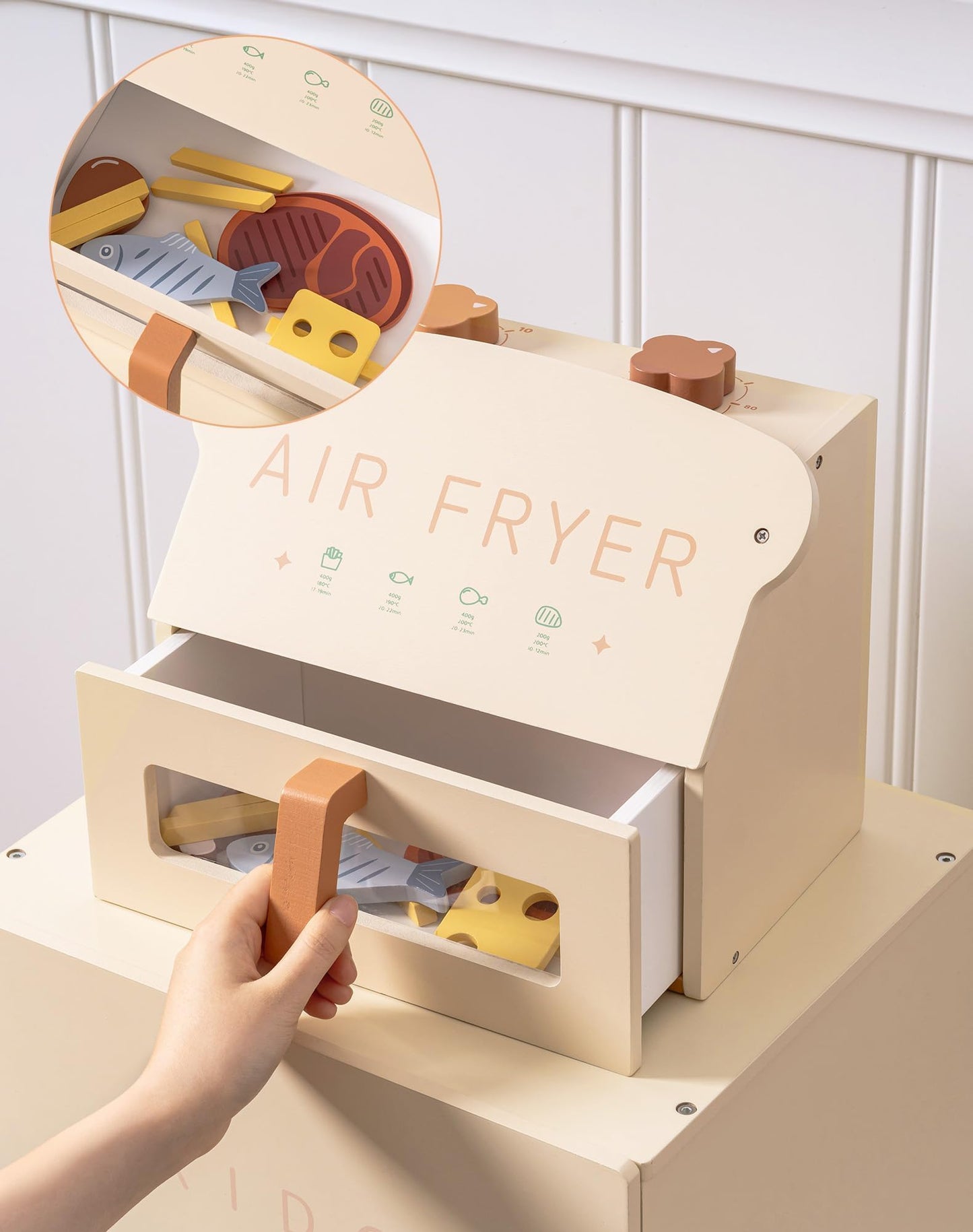 Wooden Play Kitchen Air Fryer Toy Set with Pretend Foods