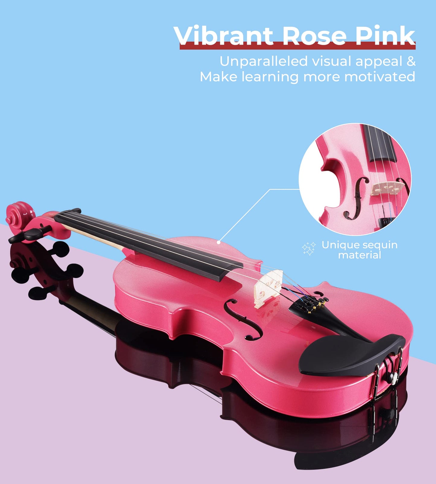 Full Size Pink Acoustic Violin Beginner Set with Case, Bow, Tuner & Accessories