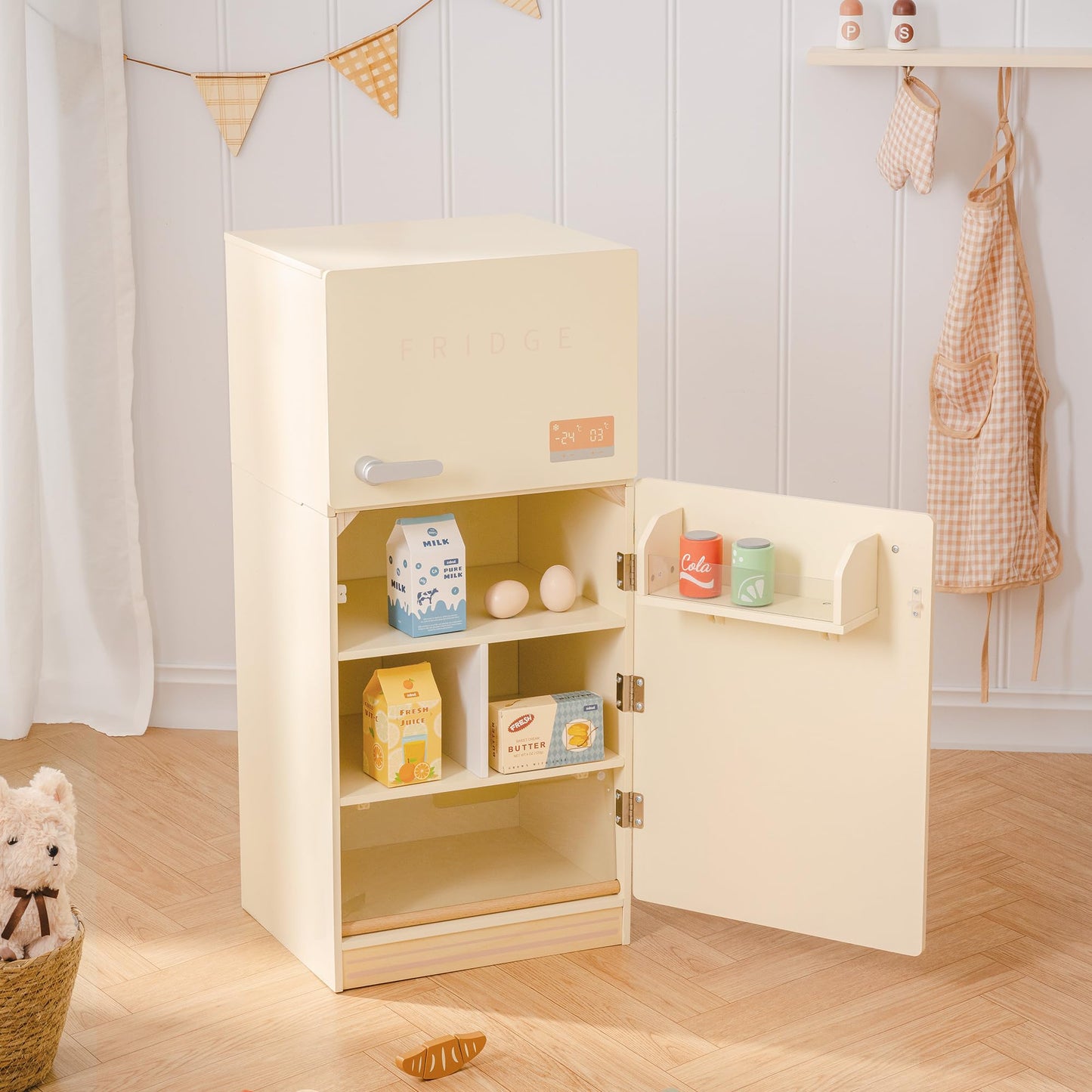 Wooden Toy Fridge Kids Play Kitchen Refrigerator Pretend Play Set with Accessories