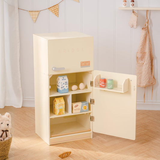 Wooden Toy Fridge Kids Play Kitchen Refrigerator Pretend Play Set with Accessories