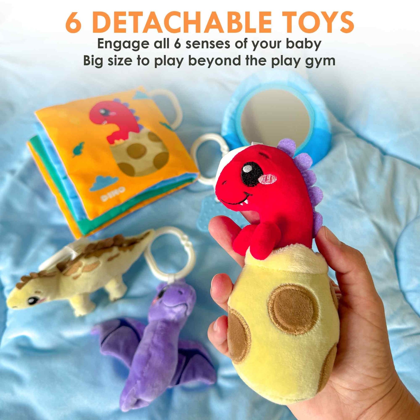 Baby Play Gym Mat Tummy Time Mat with 6 Sensory Toys - Dino