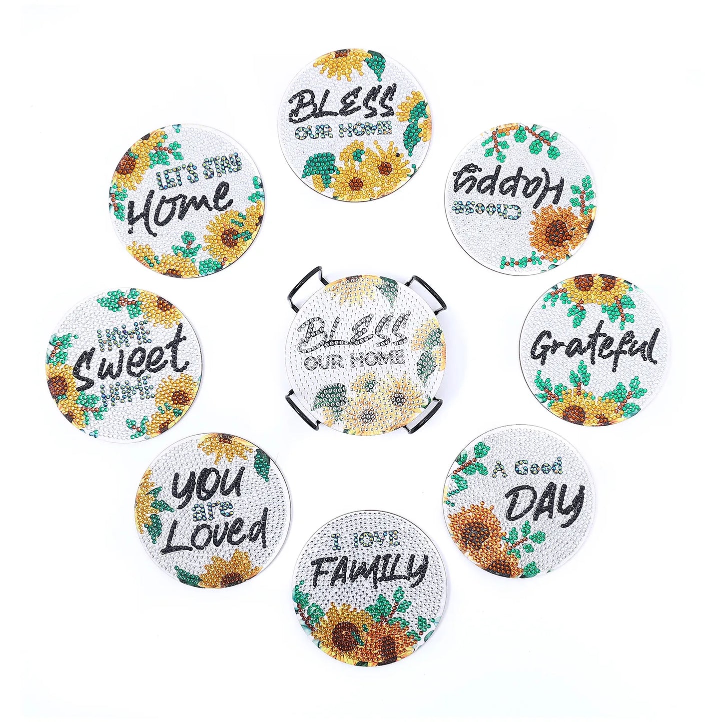 🌻 8pc Sunflower Quotes Diamond Painting Coaster Set with Stand - AA1151 🌻