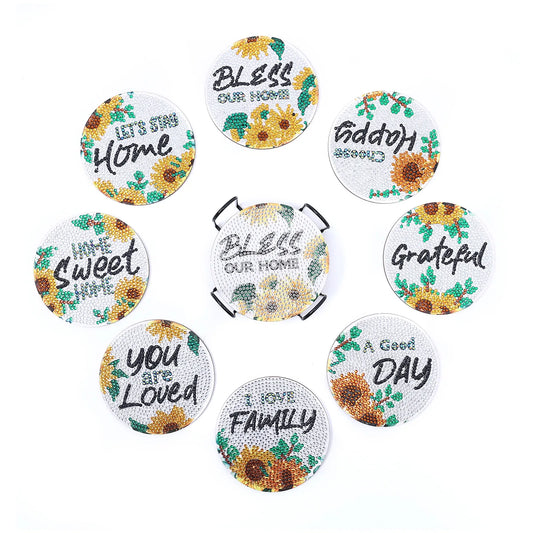 🌻 8pc Sunflower Quotes Diamond Painting Coaster Set with Stand - AA1151 🌻
