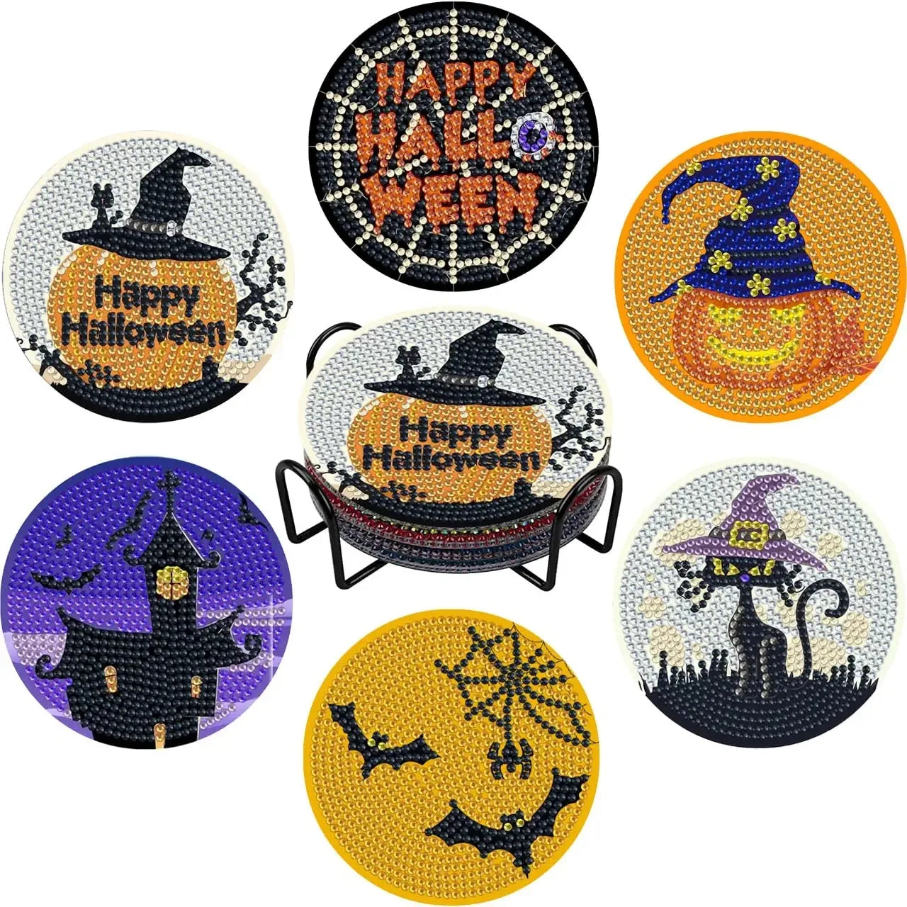 🎃 6pc Halloween Diamond Painting Coaster Set with Stand - AA1124 🎃
