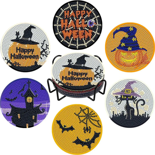 🎃 6pc Halloween Diamond Painting Coaster Set with Stand - AA1124 🎃