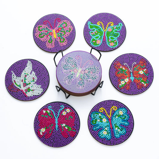 💜 6pc Purple Background Multicoloured Butterflies Diamond Painting Coaster Set with Stand  - AA1085 💜