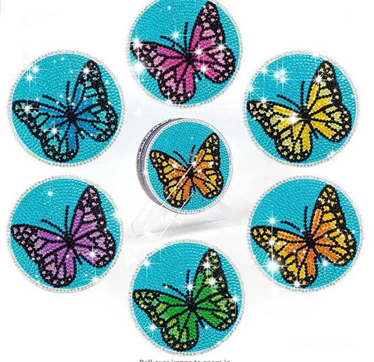 💙 6pc Blue Background Multicoloured Butterflies Diamond Painting Coaster Set with Stand - AA1088 💙