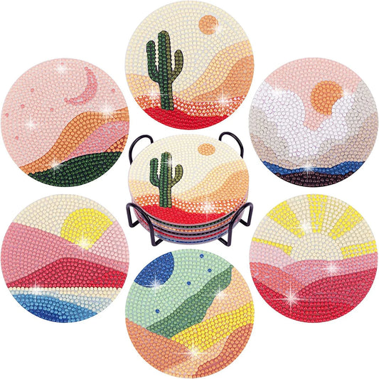 🌵 6pc Desert Scene Themed Diamond Painting Coaster Set with Stand - AA1140 🌵